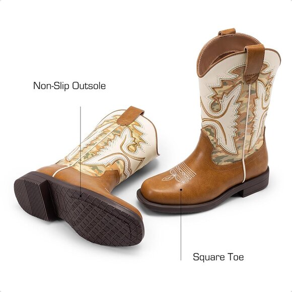 ⚡Girls Camel Cowboy Boots Toddler Mid Calf Western Square Toe Riding Boot - Picture 4 of 6